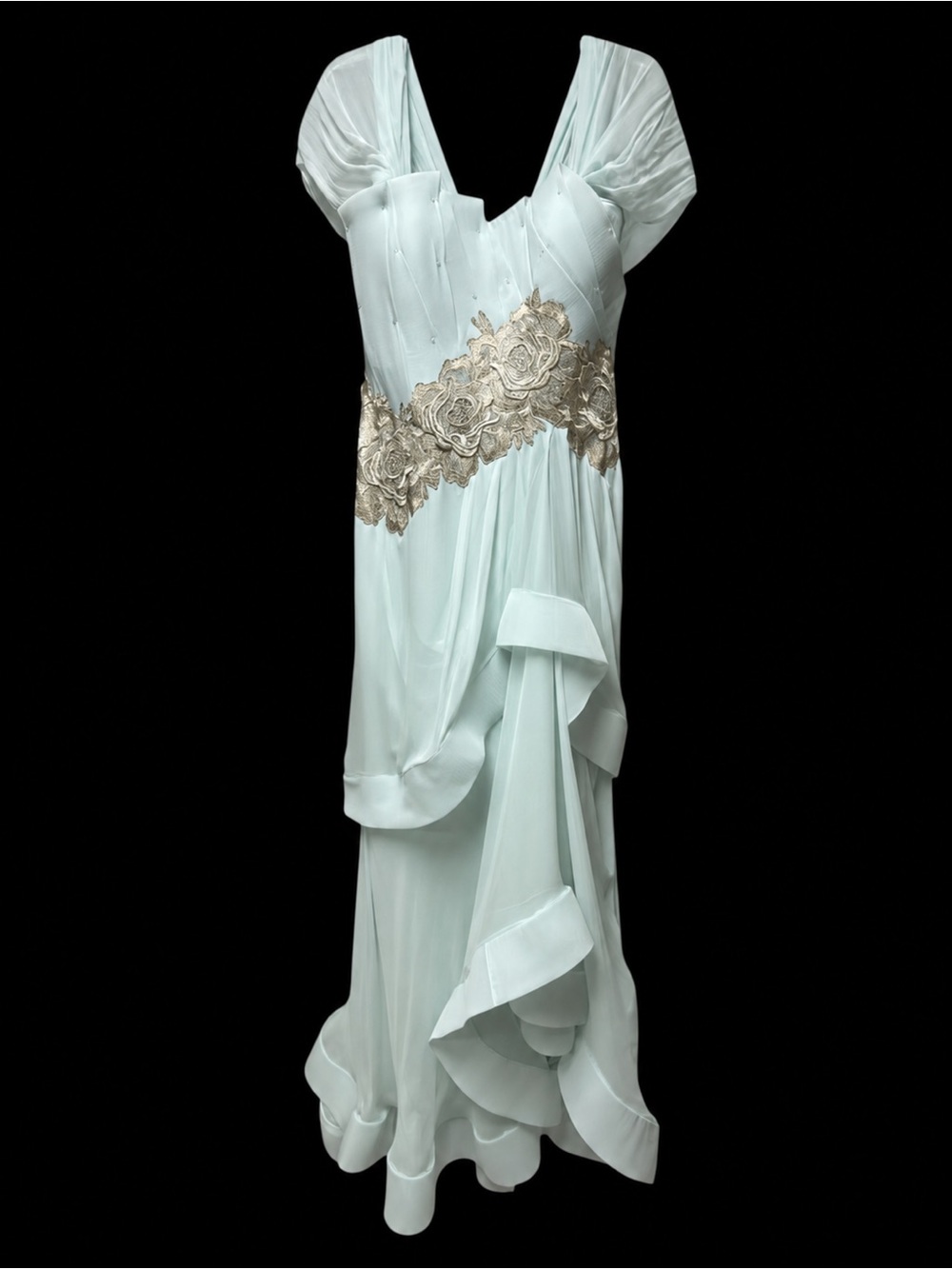 Alex Teih Couture Custom Blue Green Silk Evening Gown Wedding MOB Formal Dress